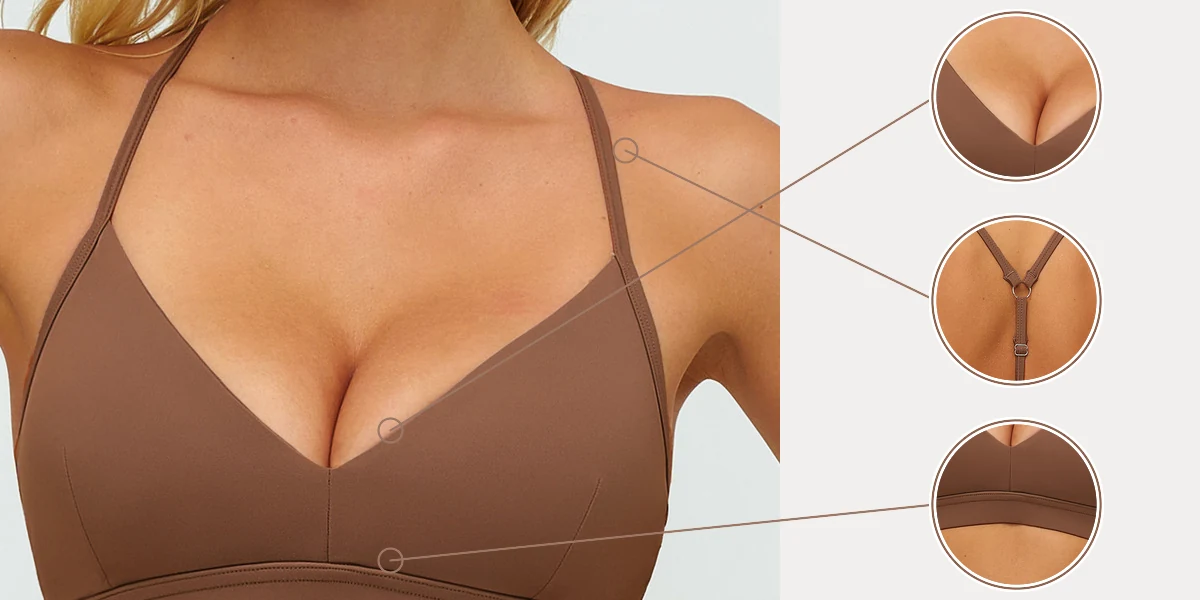 MOVEVOX adjustable-strap sports bra showing strap hardware and attachment