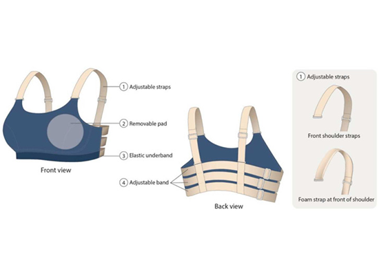 Technical sports bra interior view displaying elastic underband and engineered removable pad pocket construction