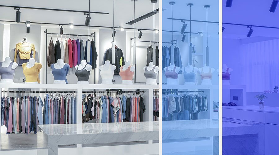 MOVEVOX sample development area with activewear samples and technical review activity
