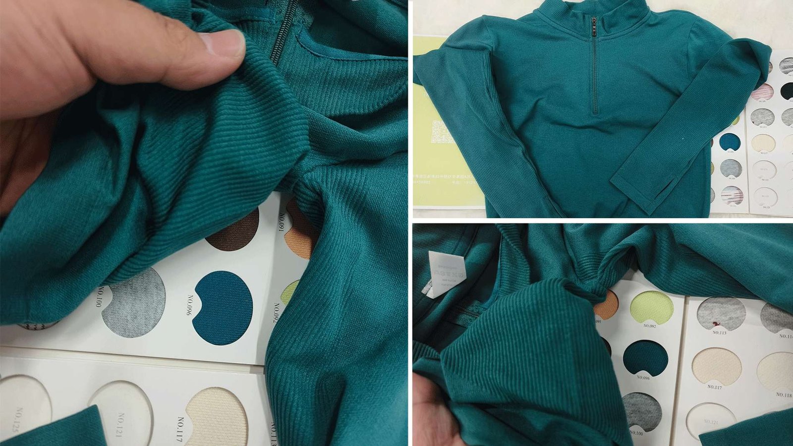 Reference garment compared with material swatches and development notes