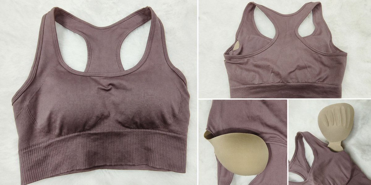 Exploded seamless yoga bra padding pocket and removable pad construction