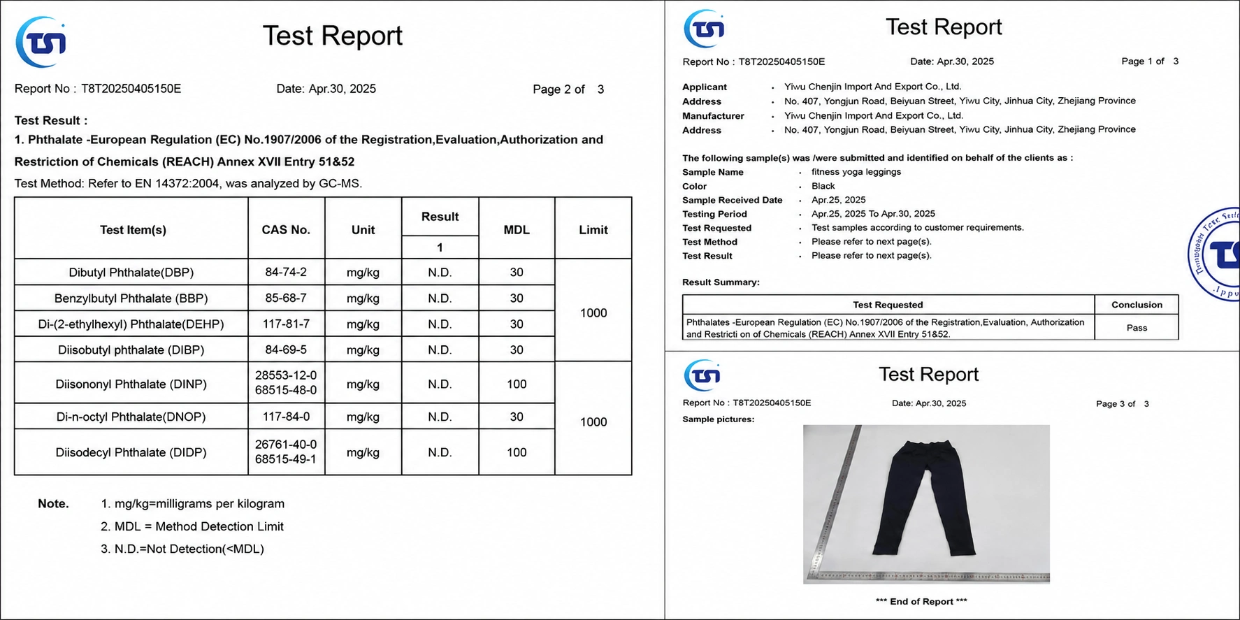 REACH phthalate test evidence for the submitted black fabric sample
