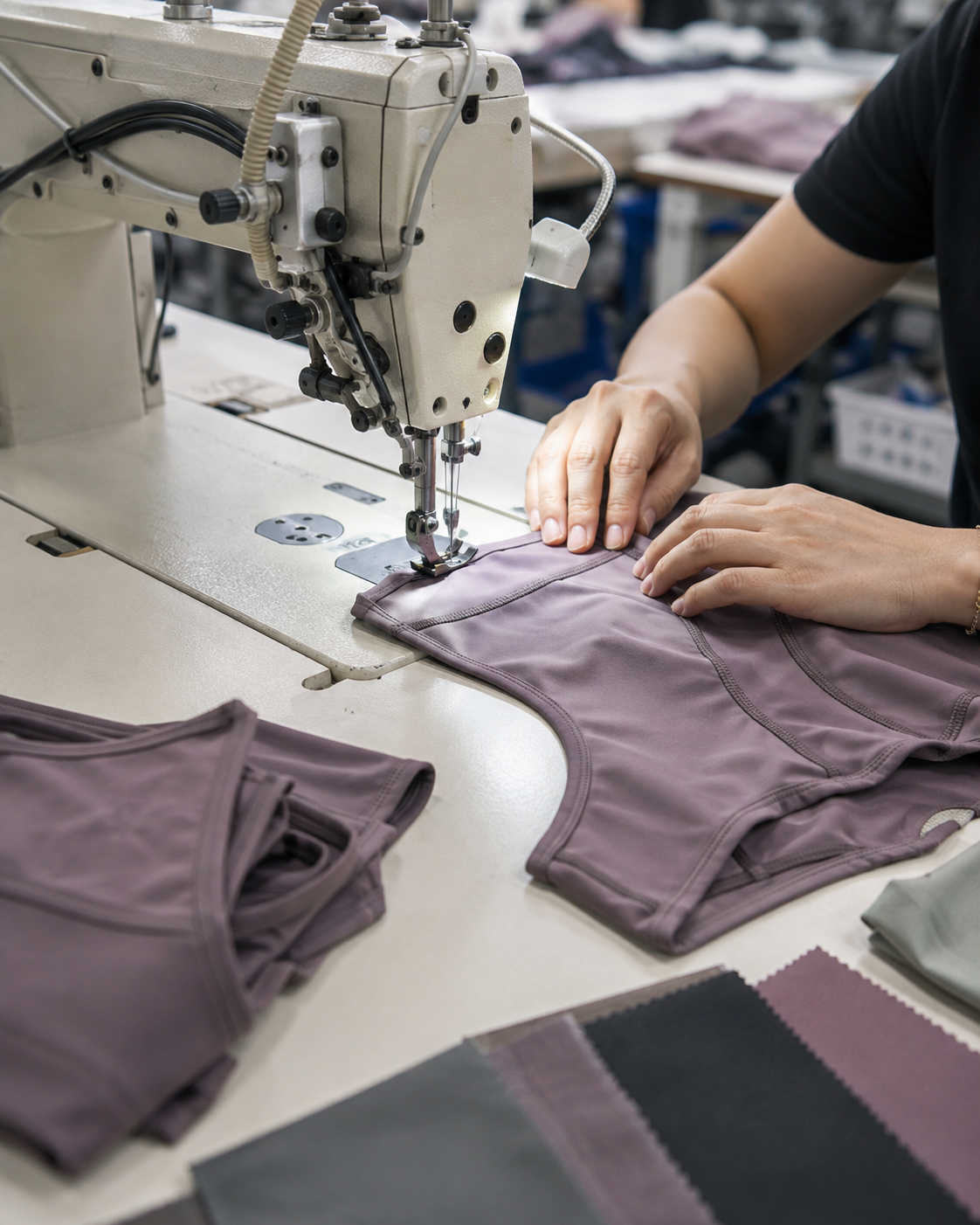 Physical size set garments laid out on technical evaluation table in sample room