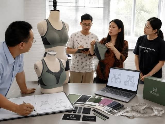 MOVEVOX product development team reviewing activewear samples and technical specifications