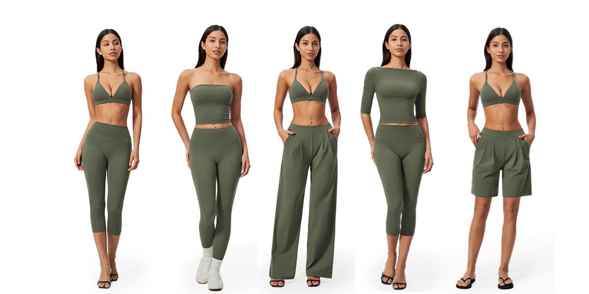 Example studio Pilates collection architecture with leggings tank long sleeve and set