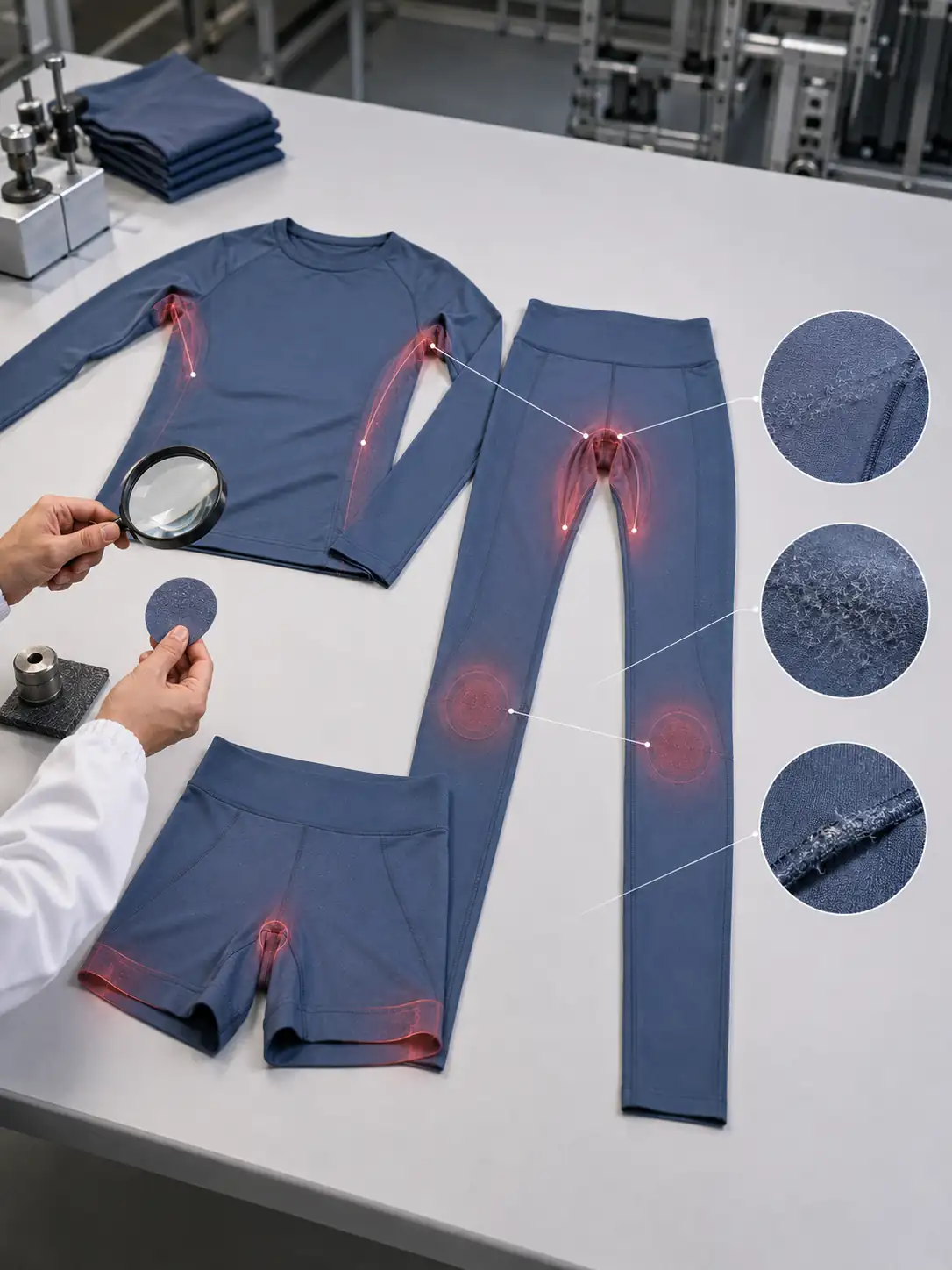 Flat lay MOVEVOX athletic set showing leggings shorts and top abrasion risk zones