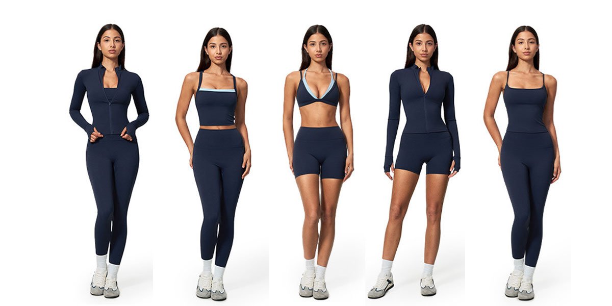 Example gym training collection architecture with biker shorts bra and top