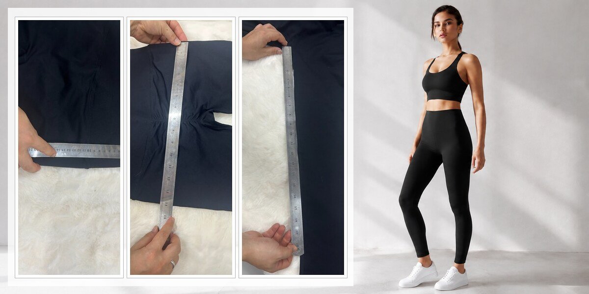 MOVEVOX measuring leggings during waist-to-hip fit verification