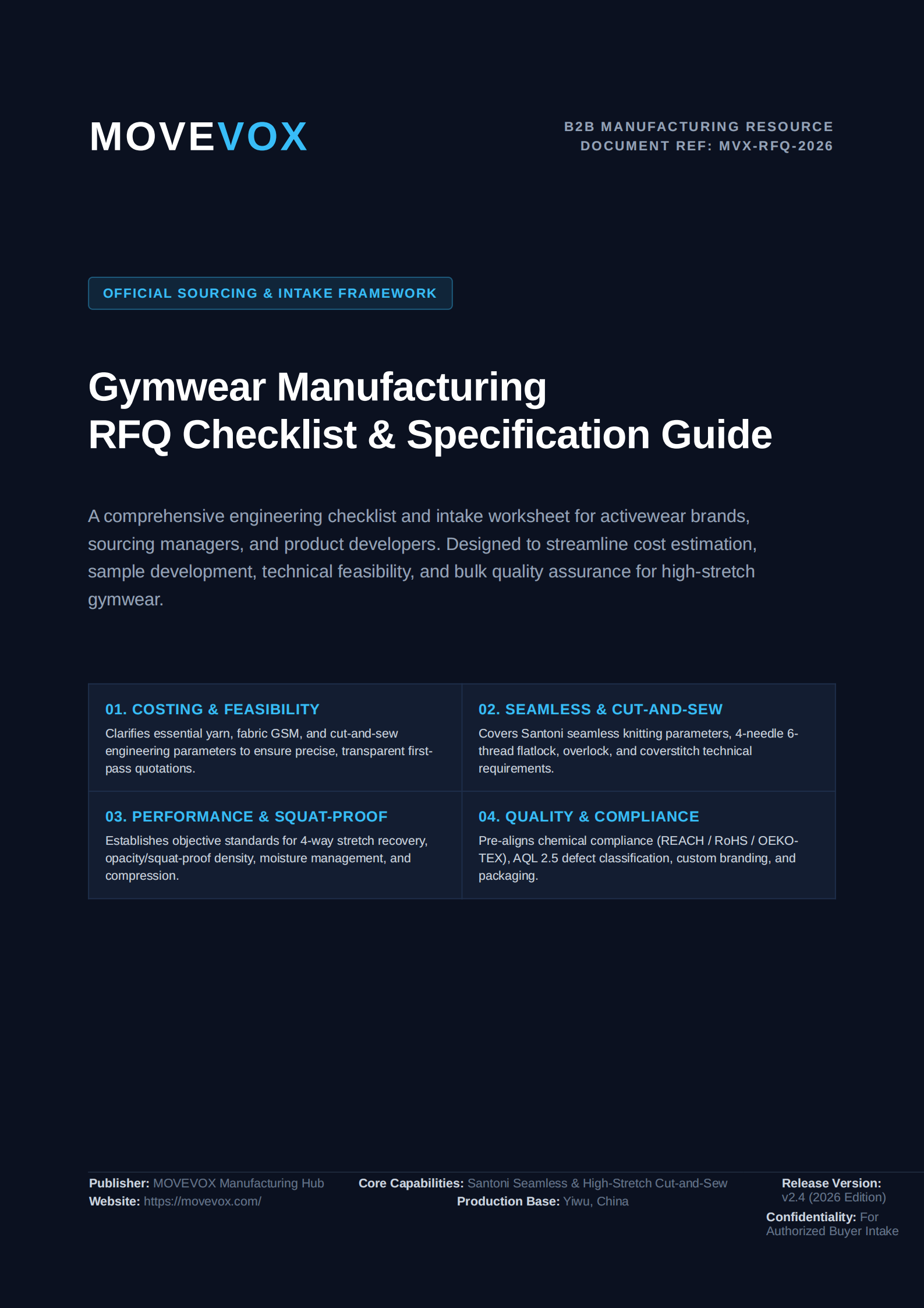 Cover of the MOVEVOX gymwear manufacturing RFQ checklist for B2B buyers