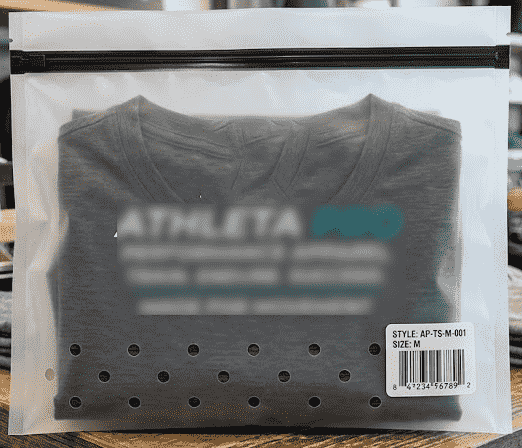 High-contrast scannable FNSKU and UPC adhesive barcode label on activewear polybag