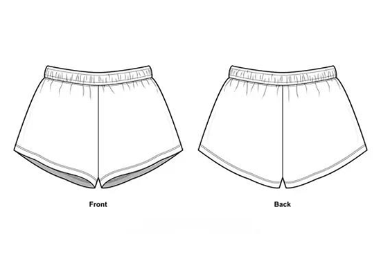 Technical diagram showing cross-section of anatomical anti-roll waistband construction on activewear shorts
