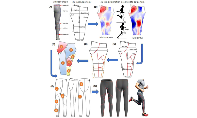 Technical 3D anatomical diagram illustrating body mapping knit zones on seamless leggings and sports bra
