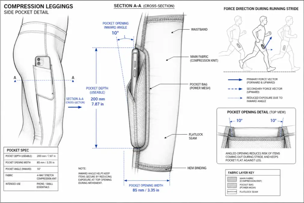 Gym leggings body-zone support development diagram