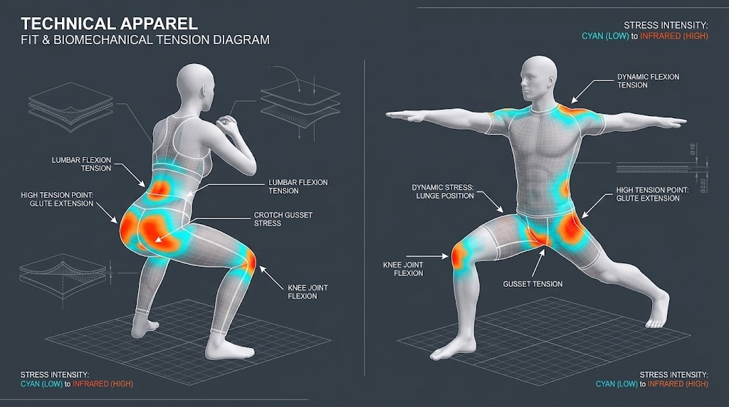 Athletic fit-testing stress diagram showing tension points during movement