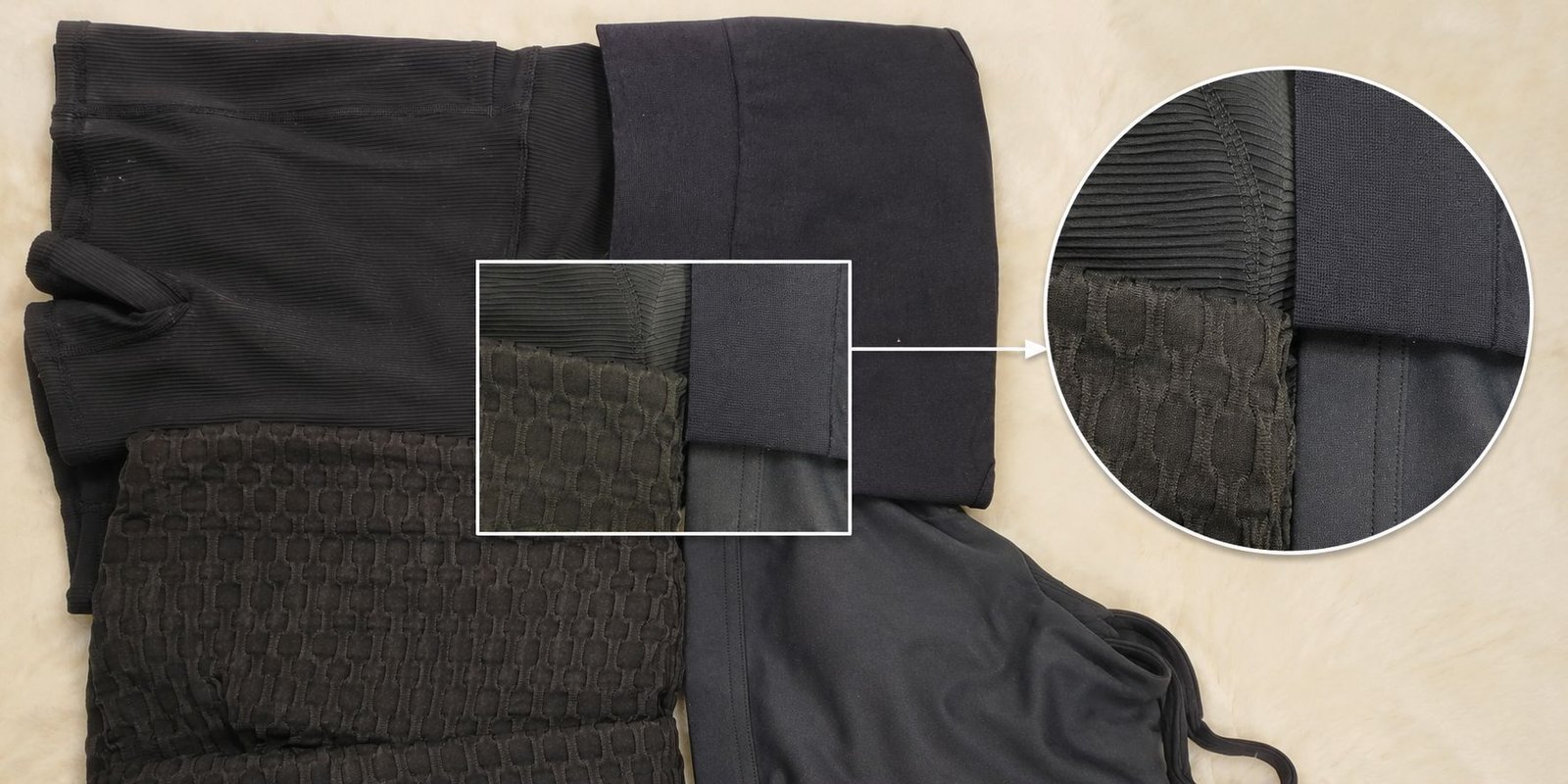 Custom activewear color appearance across smooth brushed ribbed textured and seamless materials