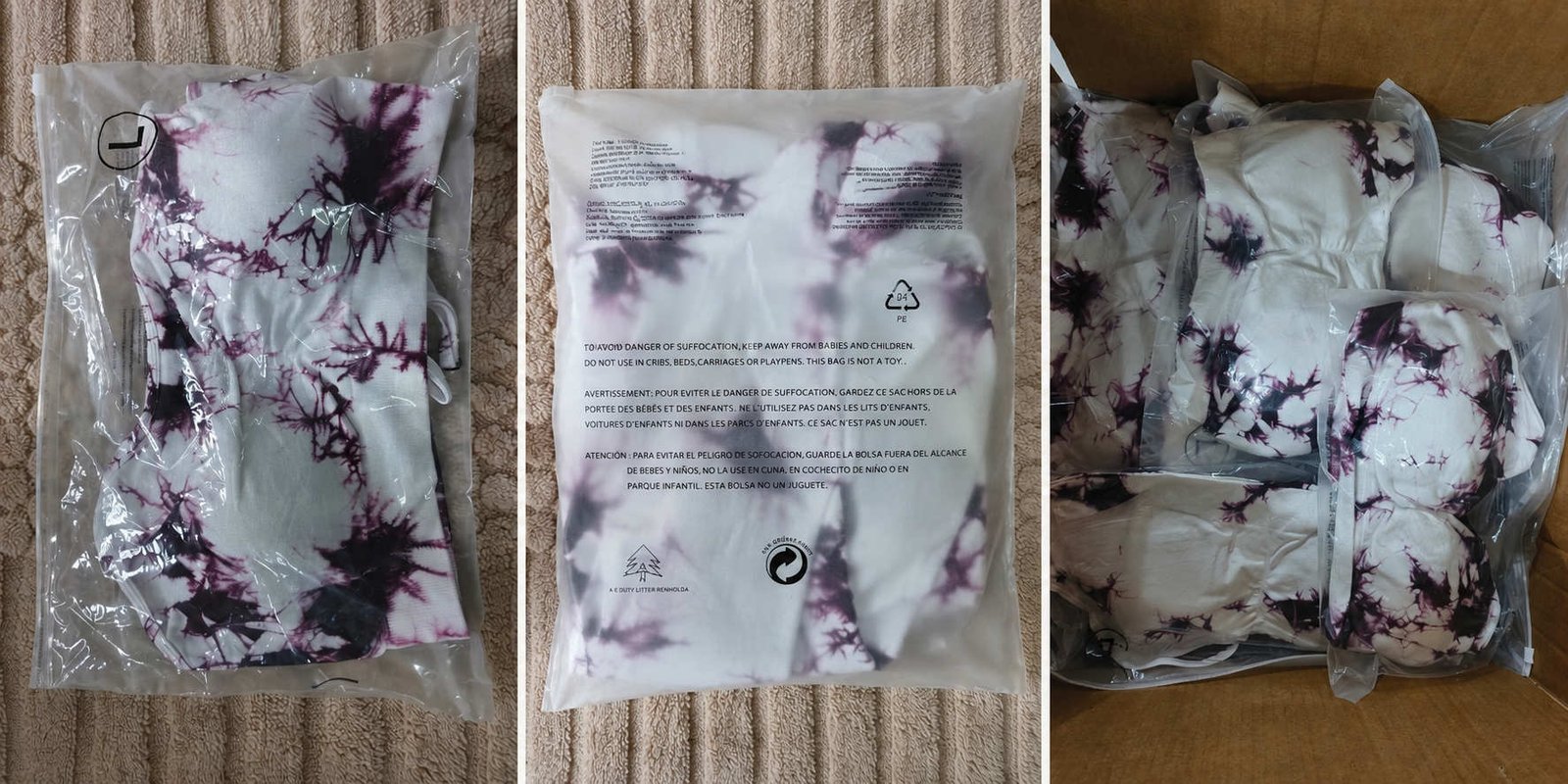 MOVEVOX custom activewear packaging with garment SKU label and export carton