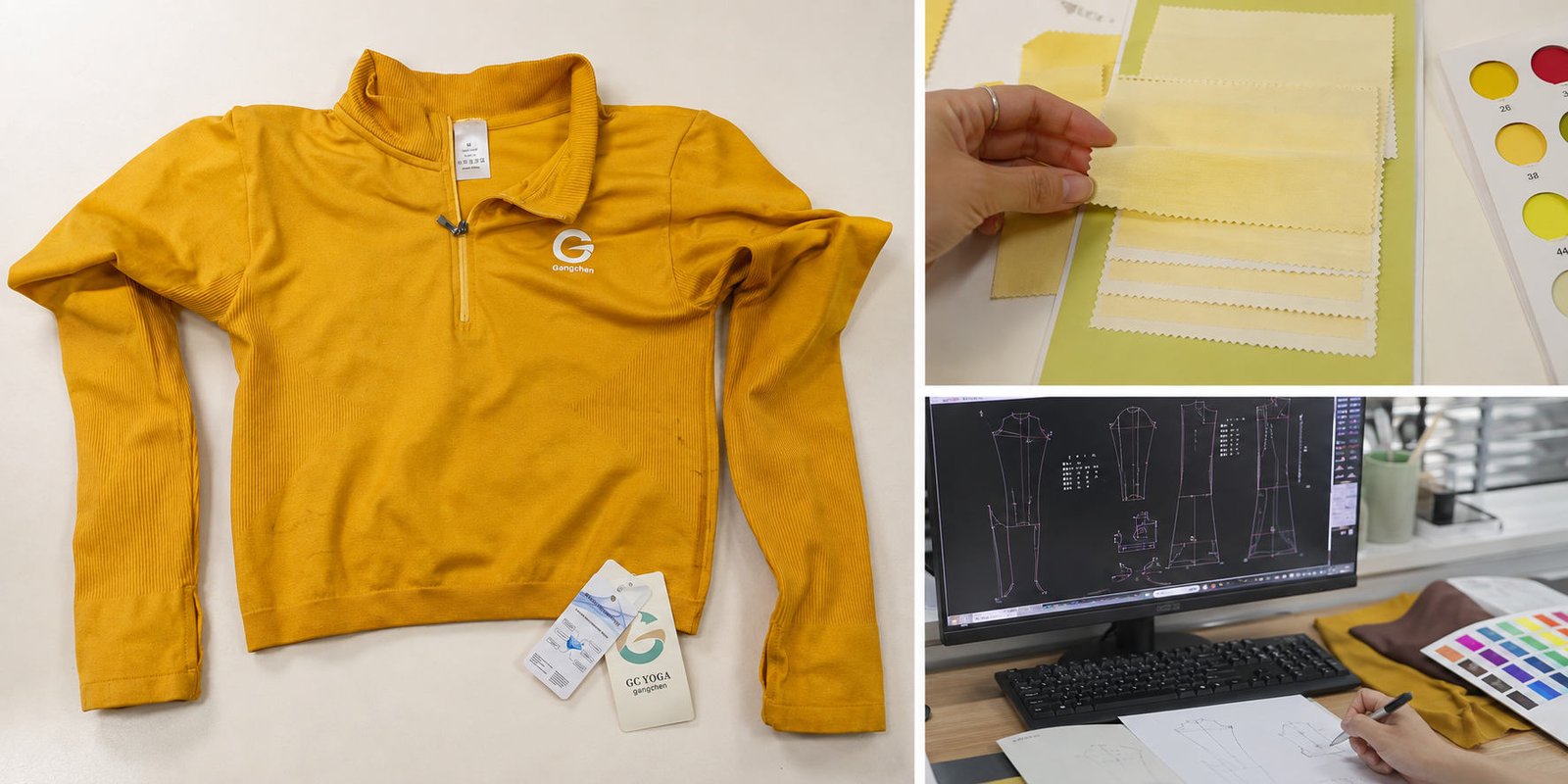 Anonymized activewear development planning sheet for SKU and material review