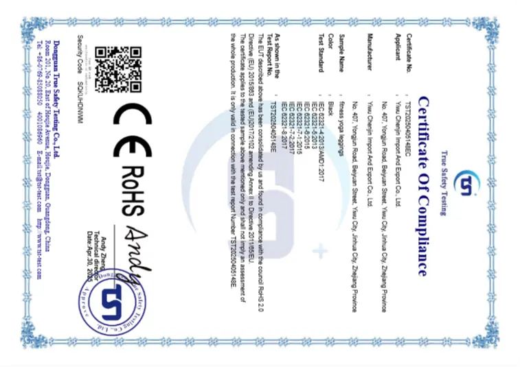 MOVEVOX certificate of compliance showing tested sample scope