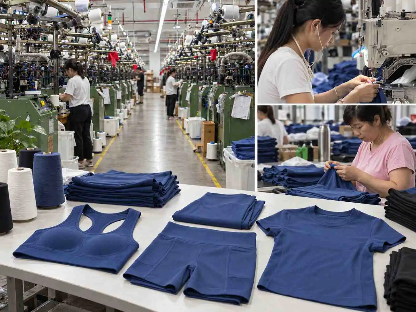Coordinated workout set products beside an activewear manufacturing environment
