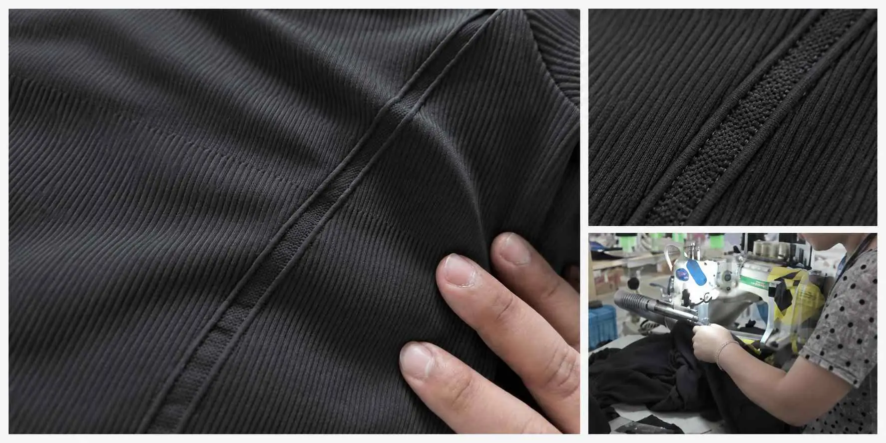 Close-up of MOVEVOX single-needle sewing on an activewear construction detail