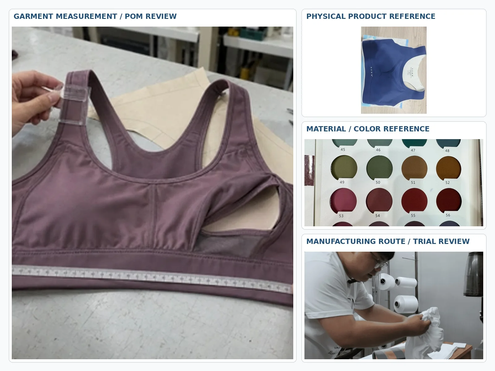 Tech Pack activewear samples and project review materials on a development desk