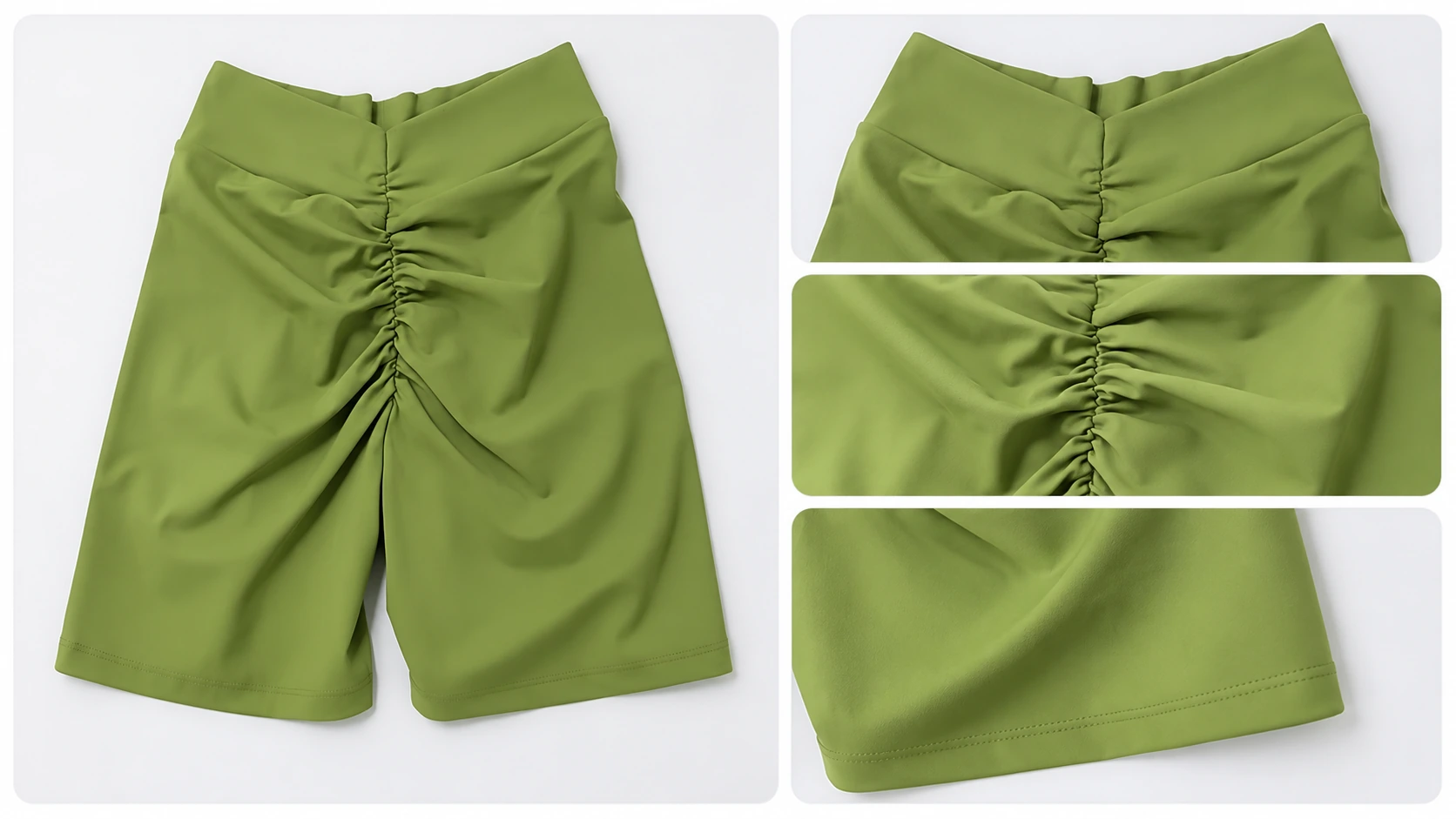 Physical scrunch shorts rear construction and finished garment appearance