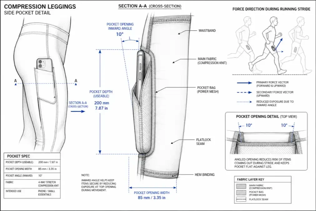 Exploded technical diagram of side pocket leggings construction