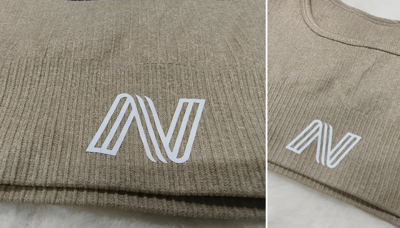 Heat transfer logo detail on activewear