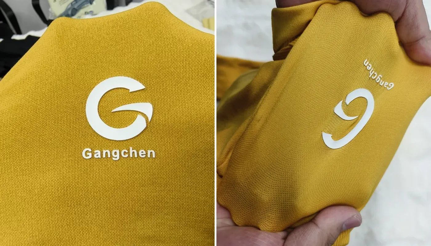 Direct silicone activewear logo surface and stretch detail