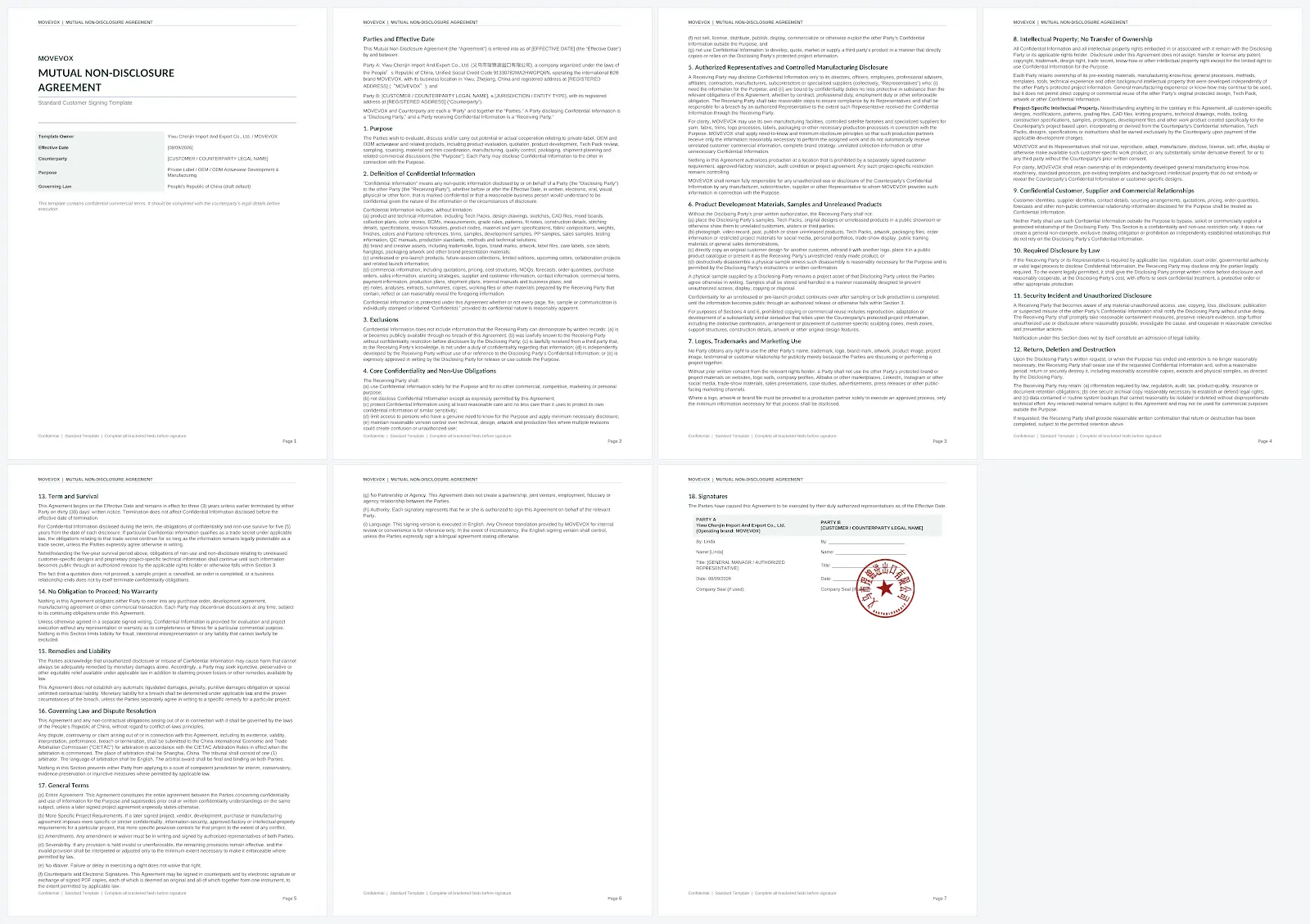 Permission-cleared NDA or document-control evidence for an activewear OEM project