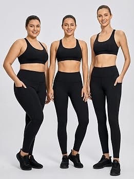 Diverse body types wearing graded athletic leggings and sports bras during fit session