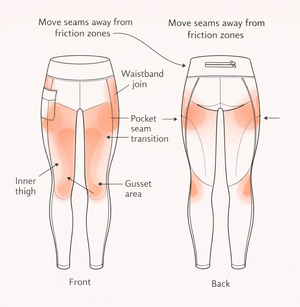 Body mapped seamless compression zones knitted into athletic leggings