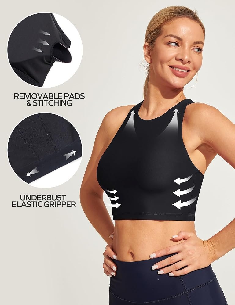 Elastic seam binding tape along armhole edge of women's activewear sports bra
