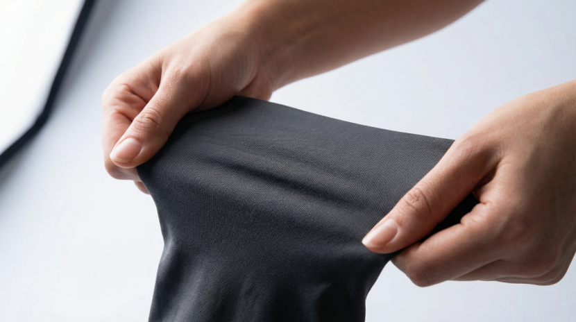 High modulus elastane activewear fabric undergoing stretch recovery test