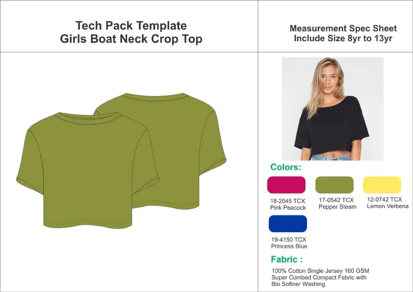 Technical pack pages showing crop top front and back drawings, measurement specifications and construction notes