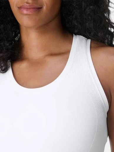 Close-up showing bound neckline construction on a fitted athletic crop top