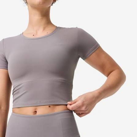 Close view of engineered seamless knit zones in a yoga set