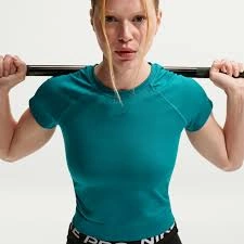 Athletic gym T-shirt used during upper-body training with shoulder movement visible