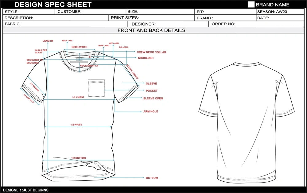 Front and back seamless T-shirt engineering diagram highlighting knitted chest, back, underarm, torso, shoulder, hem and sleeve zones