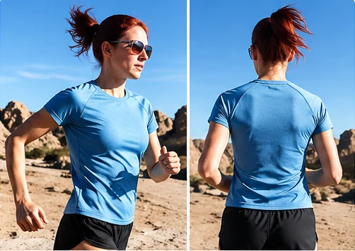 Actual performance sports T-shirt development sample showing its full silhouette, sleeves and neckline