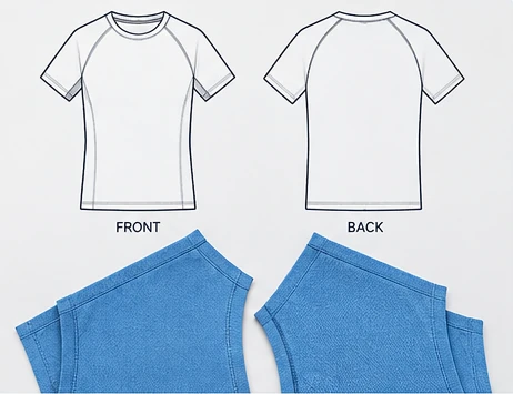 Actual sports T-shirt development pattern or sample showing shoulder geometry and sleeve construction