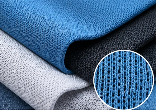 Performance sports T-shirt fabric swatch with visible knitted structure and material reference