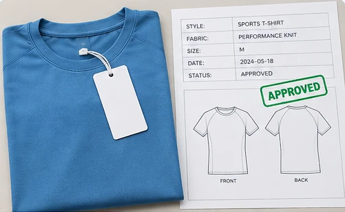 Authorized anonymized sports T-shirt sample review or approval record corresponding to the garment