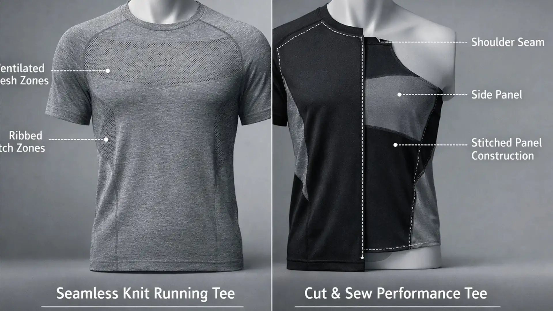 Engineering illustration of yarn, ground knit, rib, mesh and finishing layers in seamless T-shirt construction