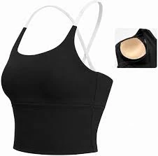 Removable cup pads, internal pocket openings and lining of a yoga tank built-in shelf bra