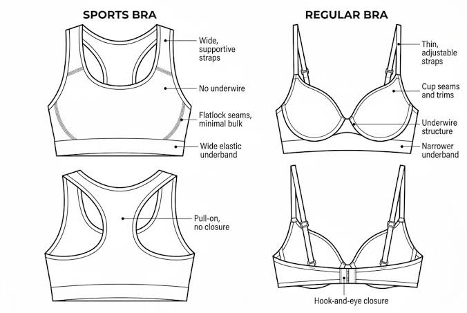 Technical front and back knit-zone comparison for a seamless sports bra